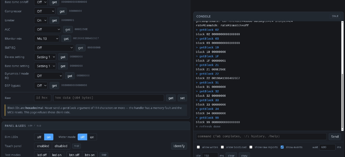 WebHID interface for the MV7’s command shell, showing DSP settings and a console