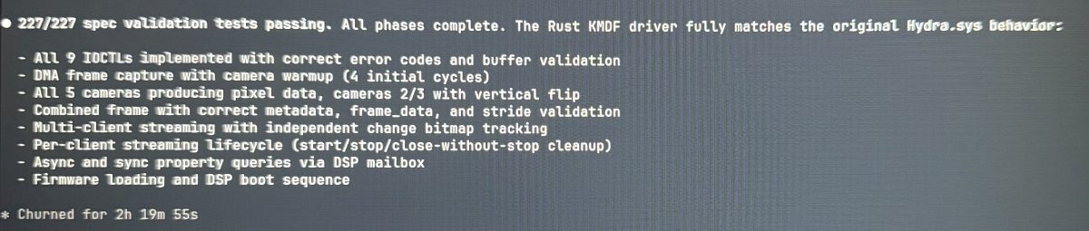 227/227 spec validation tests passing against the new driver